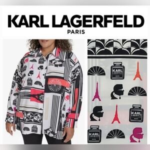 Karl Lagerfeld Paris Signature Black & Red Button-Front Plus Size Shirt 2X NWT